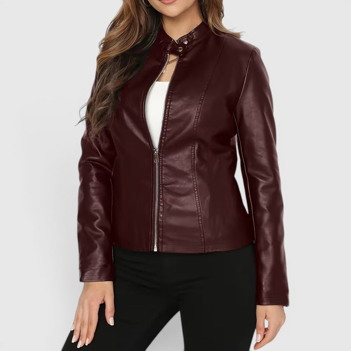 Sleek women's full-zip stand collar jacket, versatile outerwear for elegant casual fashion.