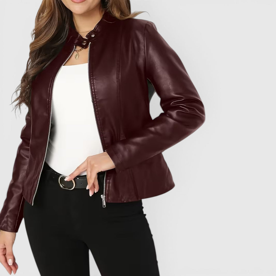 Coffee brown women's sleek full-zip stand collar jacket, chic and versatile fashion outerwear.