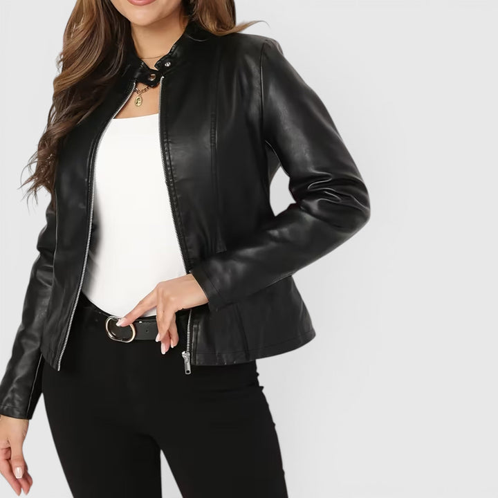 Elegant women's stand collar full-zip jacket, sleek and versatile for chic all-season wear.
