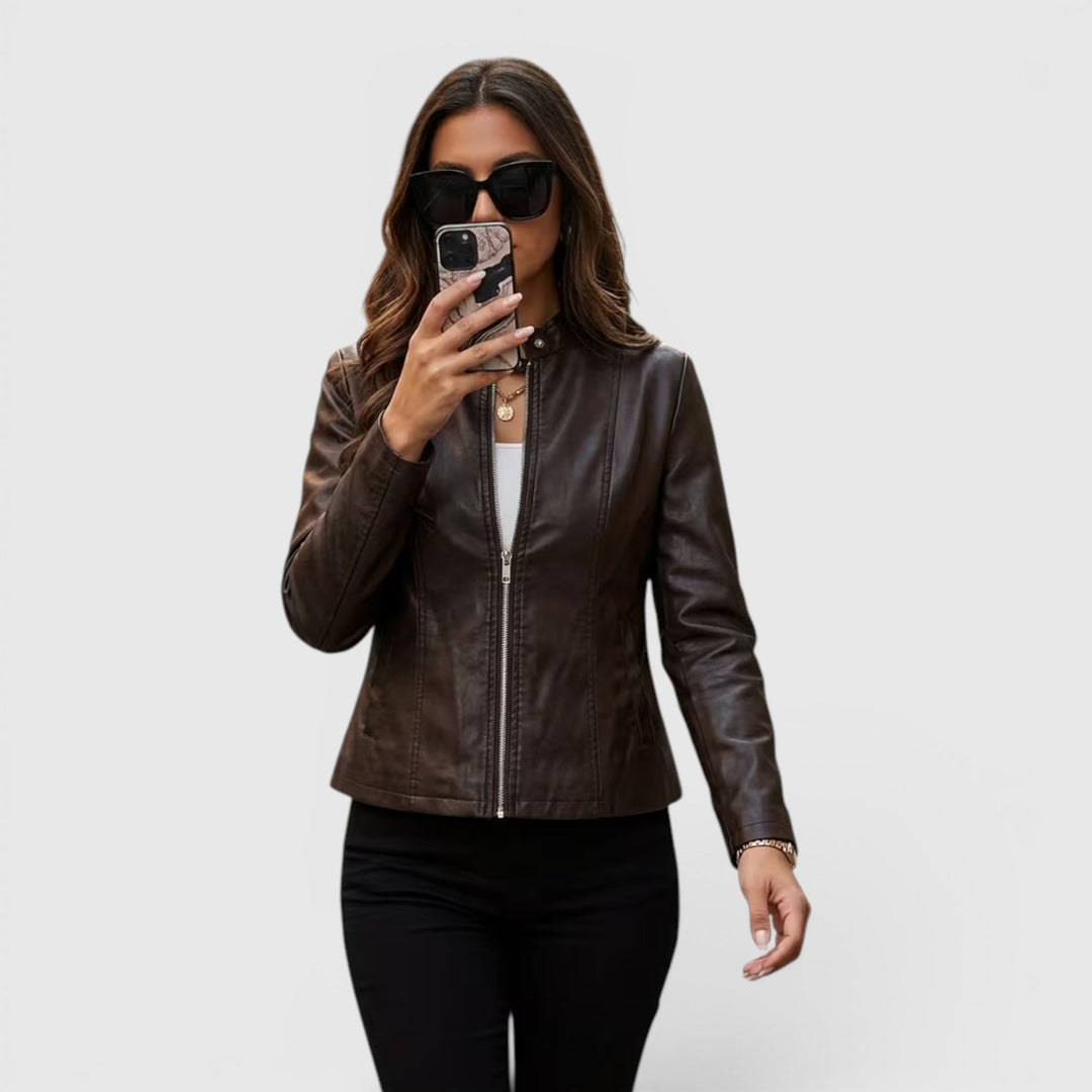 Casual women's full-zip jacket with stand collar, sleek design for versatile fashion outerwear.