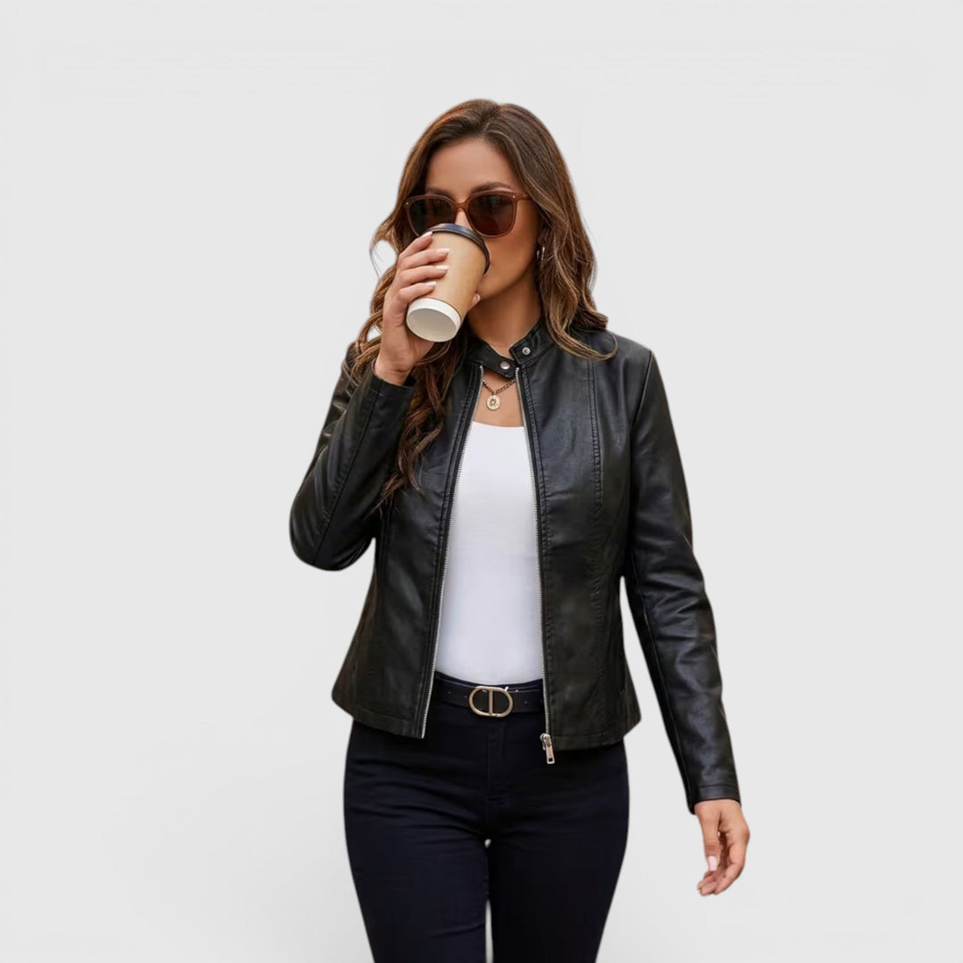 Chic women's stand collar jacket, sleek full-zip design for elegant and versatile outerwear.