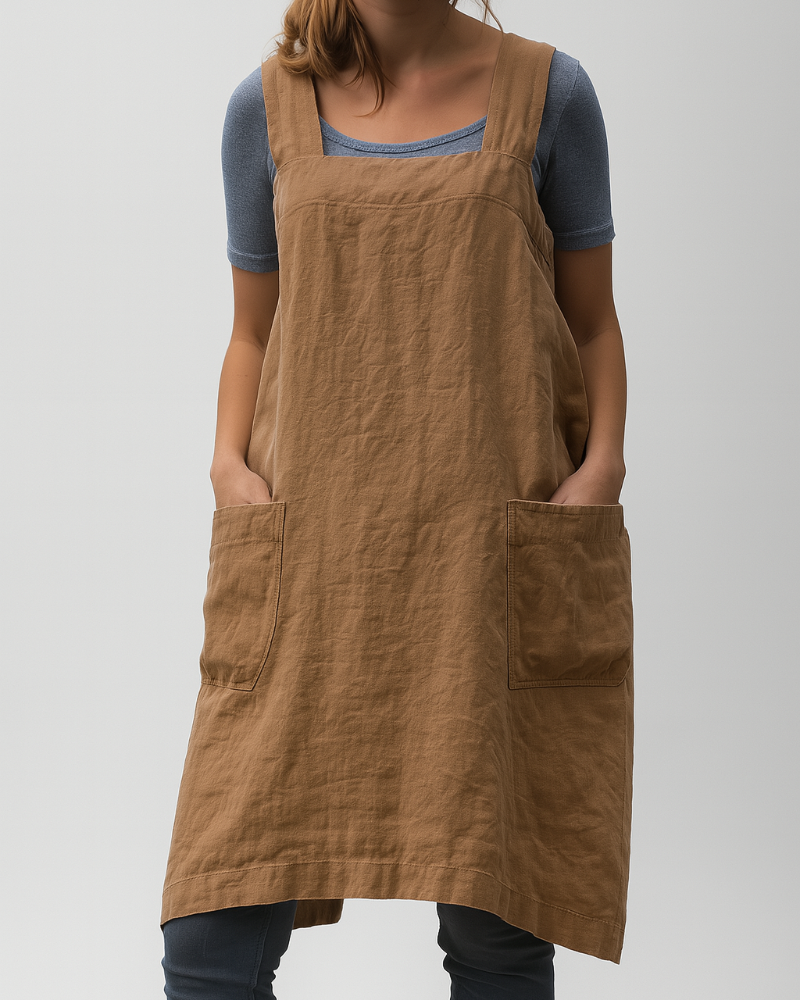 Comfortable women's sleeveless midi apron dress with square neck and practical patch pockets.