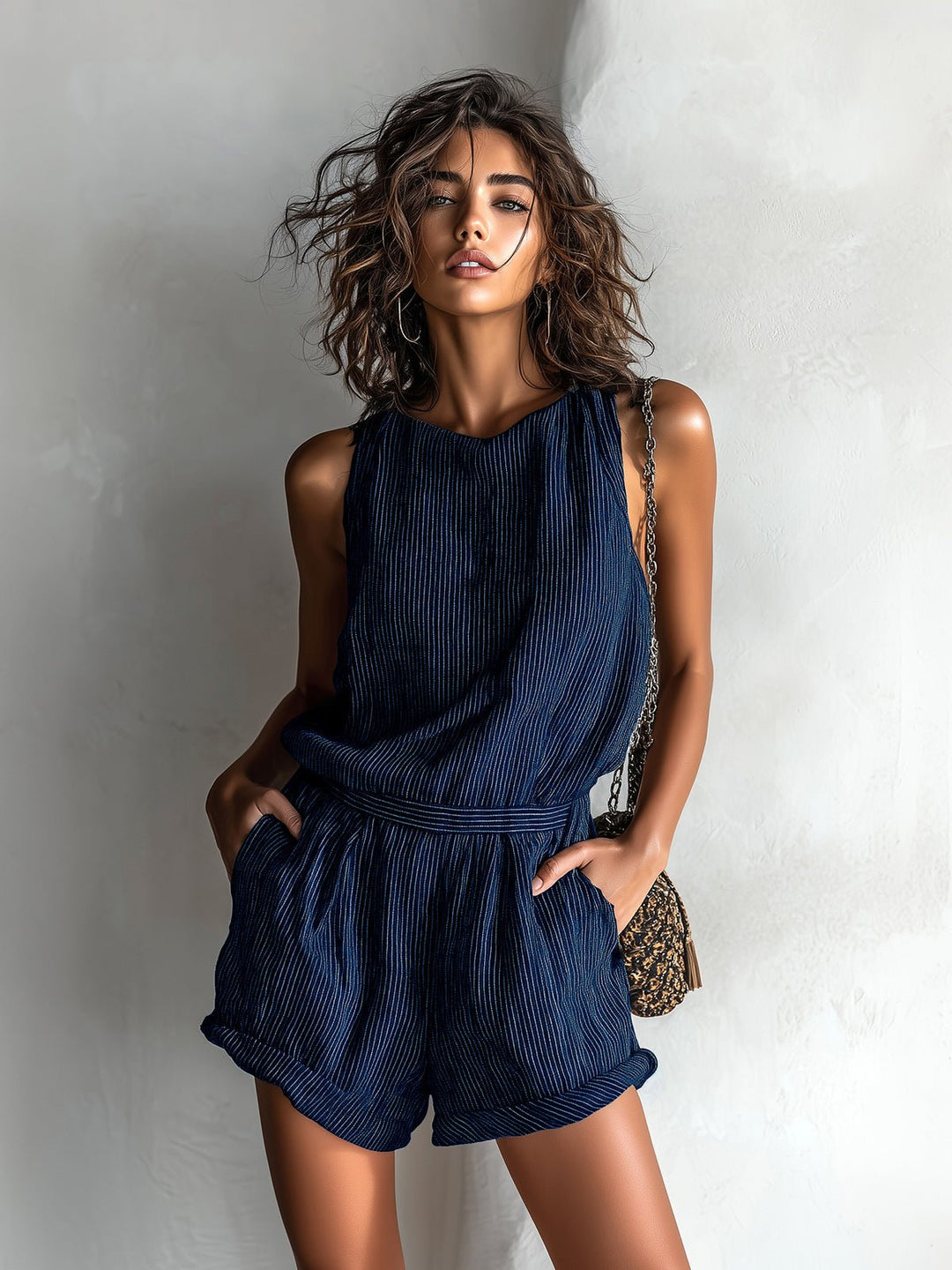 Women's sleeveless boat-neck romper with pockets, ideal for summer travel and casual elegance.
