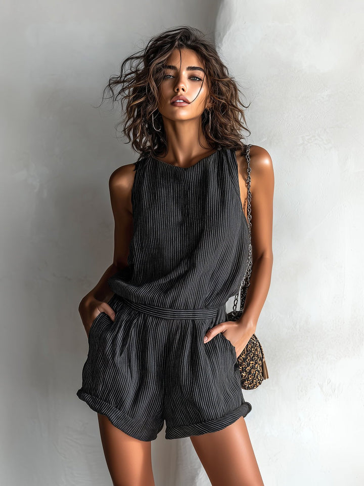 Versatile women's sleeveless boat-neck romper, great for summer vacations, travel, and casual outings.