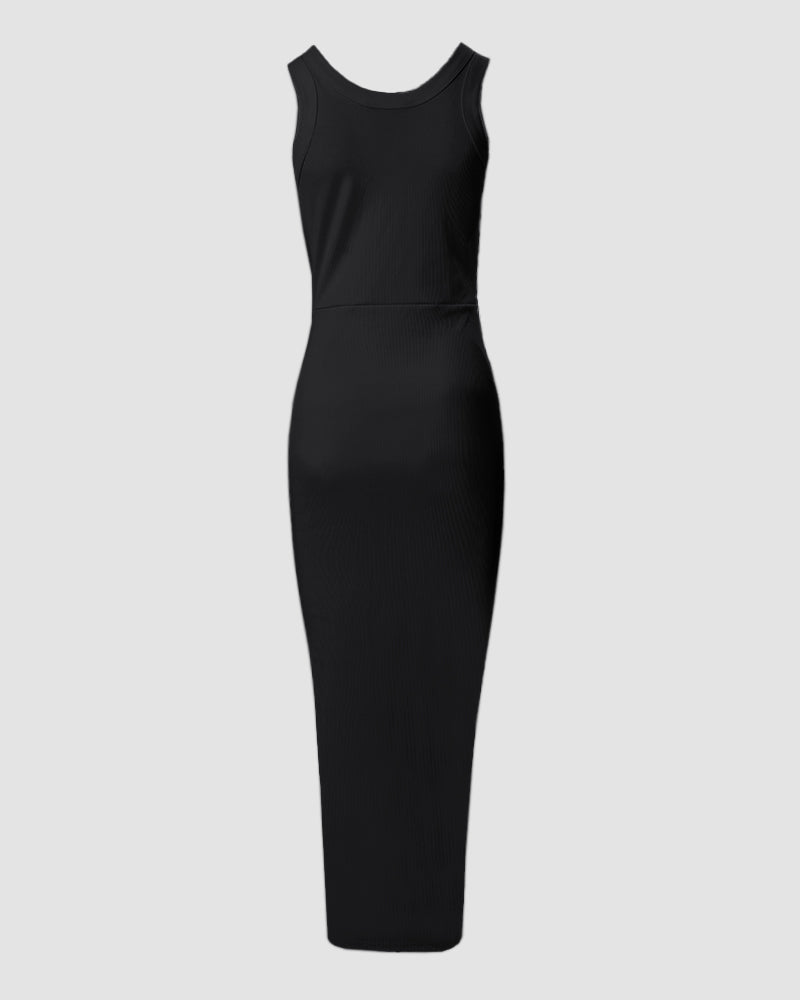 Trendy women's side slit bodycon maxi dress, sleeveless with U-neck & flattering ruched design.