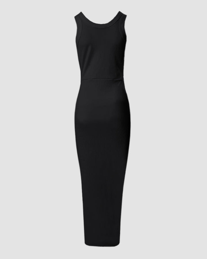 Trendy women's side slit bodycon maxi dress, sleeveless with U-neck & flattering ruched design.