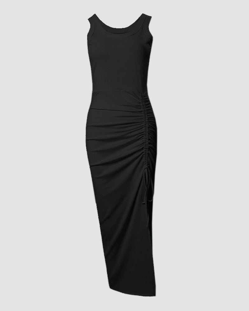 Figure-hugging women's tank maxi dress, bodycon style with ruched detail & a tasteful side slit.