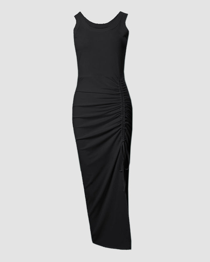 Figure-hugging women's tank maxi dress, bodycon style with ruched detail & a tasteful side slit.
