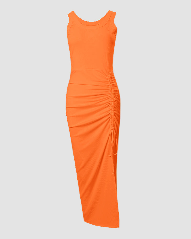 Comfortable casual women's tank maxi dress, bodycon fit, ruched, and side slit design.