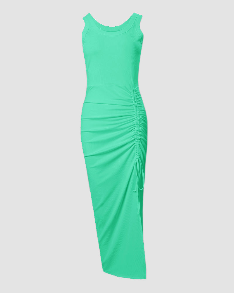 Women's flattering bodycon maxi dress, sleeveless U-neck style, with attractive ruching & side slit.