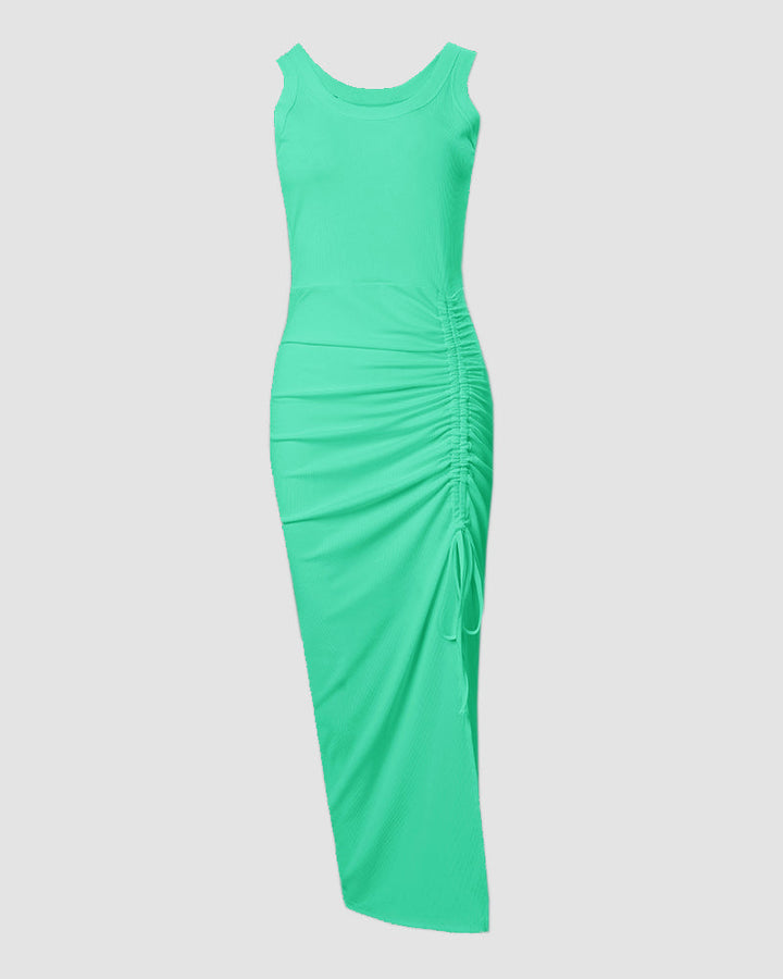 Women's flattering bodycon maxi dress, sleeveless U-neck style, with attractive ruching & side slit.