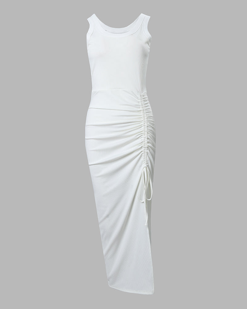 Flattering U-neck sleeveless bodycon dress for women, maxi length with elegant ruched side slit.