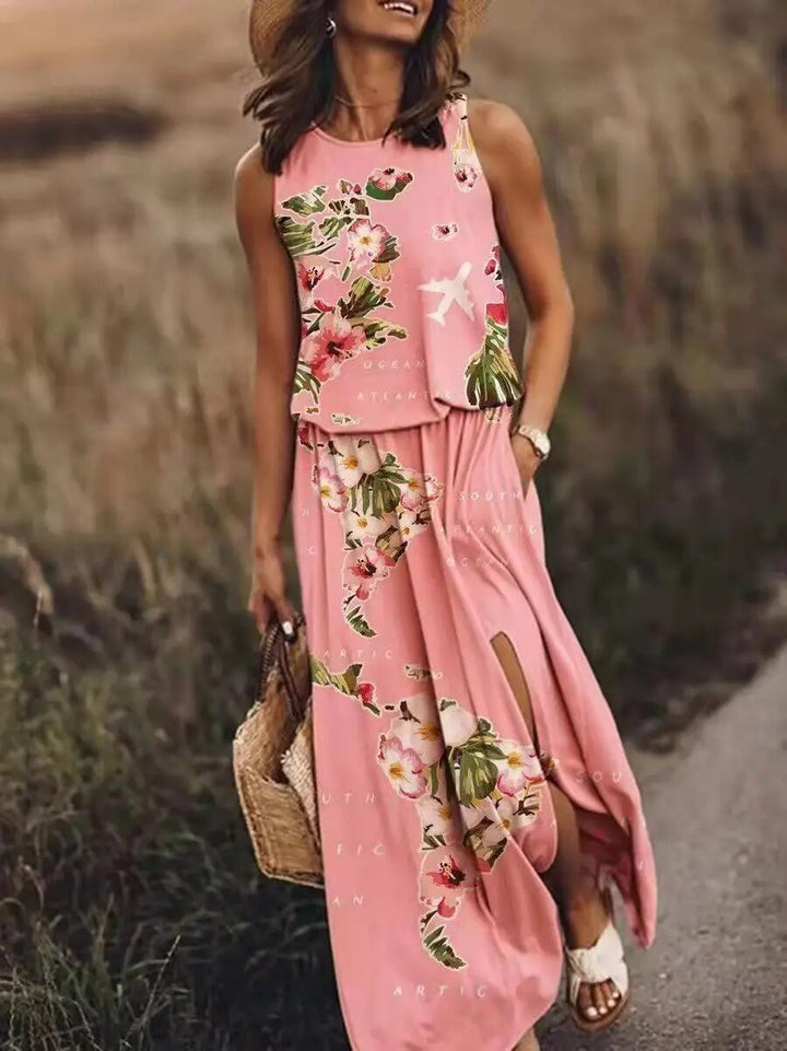Women's sleeveless boho maxi dress with elastic waist, perfect for summer vacations and beach wear.