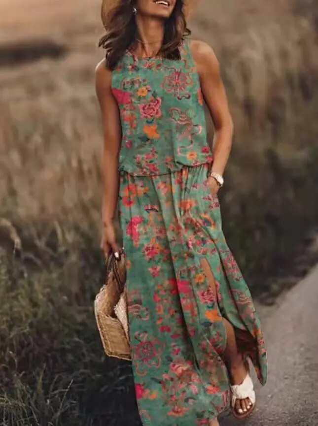 Elegant women's flowing maxi dress, sleeveless boho design with elastic waist, great for warm weather.