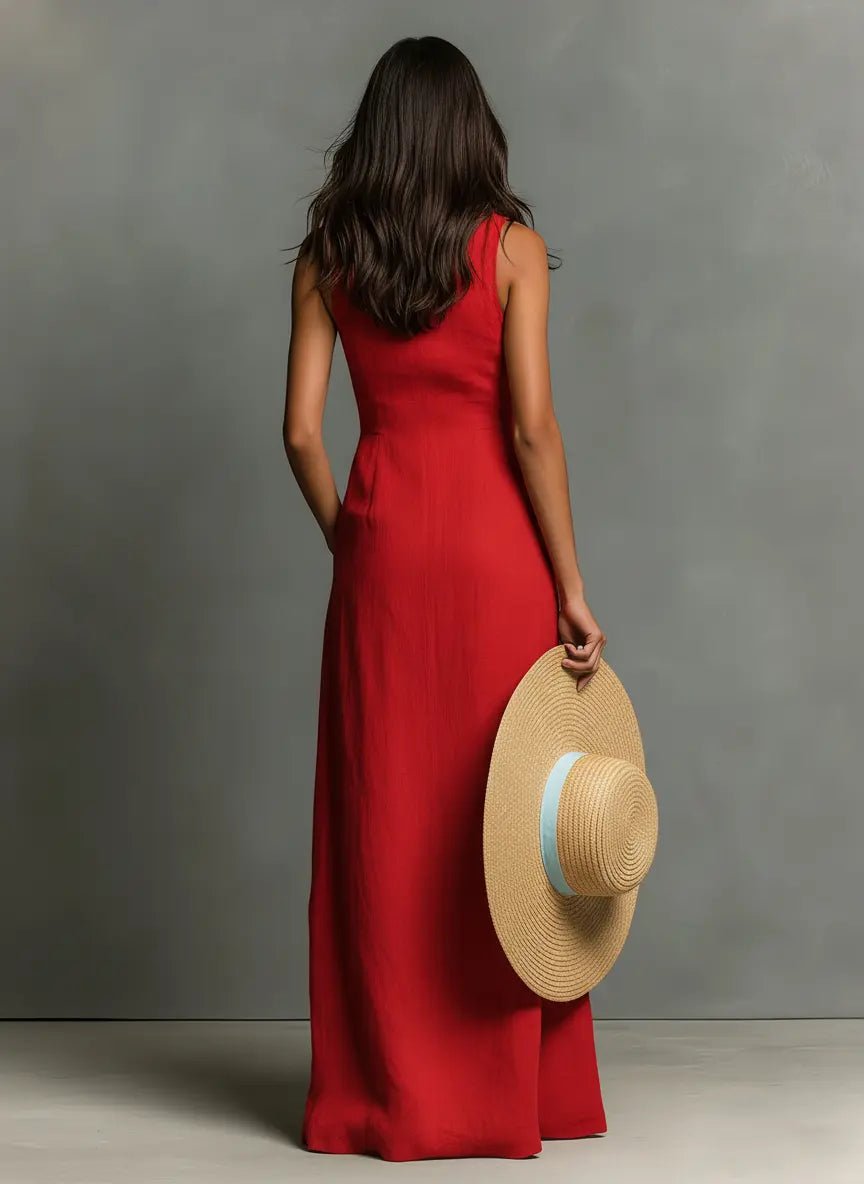 Elegant women's sleeveless maxi dress with button-down front & collar, ideal for resort wear.