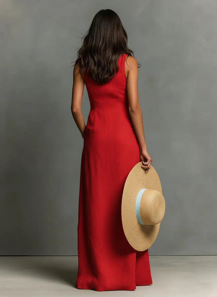 Elegant women's sleeveless maxi dress with button-down front & collar, ideal for resort wear.