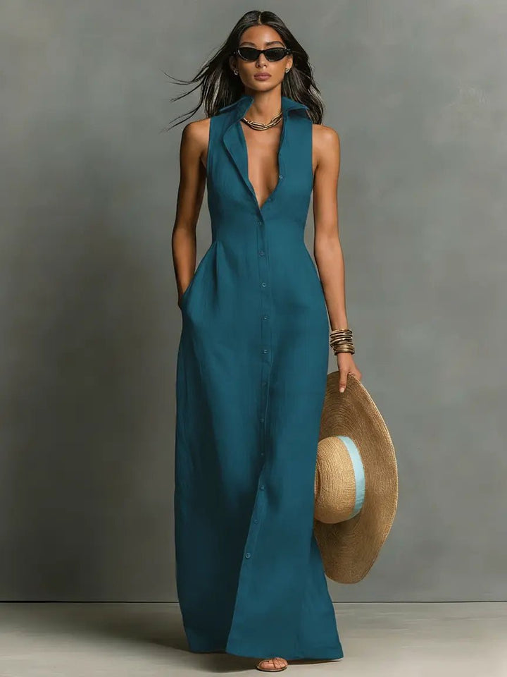 Relaxed fit sleeveless collared maxi dress for women, versatile for casual summer or office.