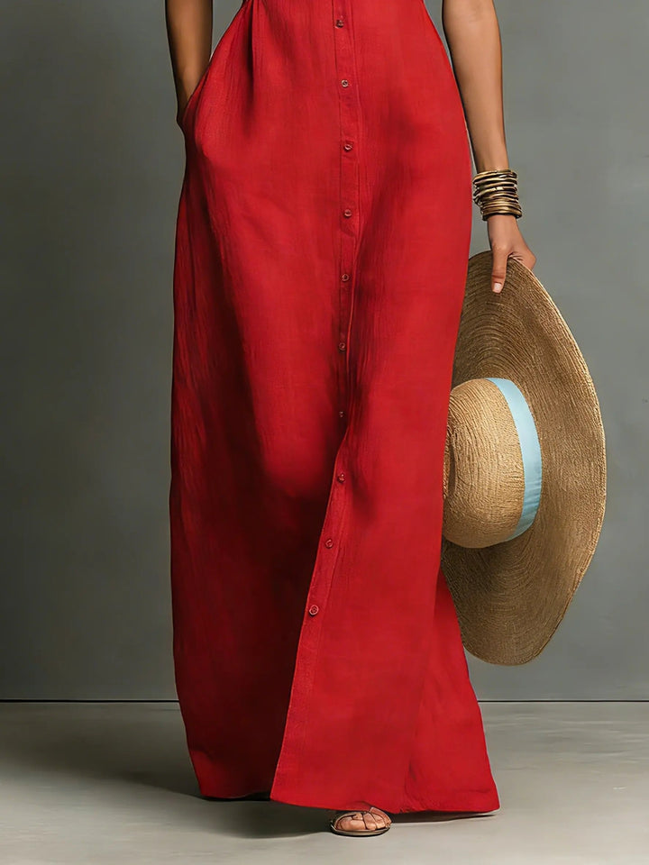 Stylish women's sleeveless collared button-down maxi dress, a modern take on versatile casualwear.