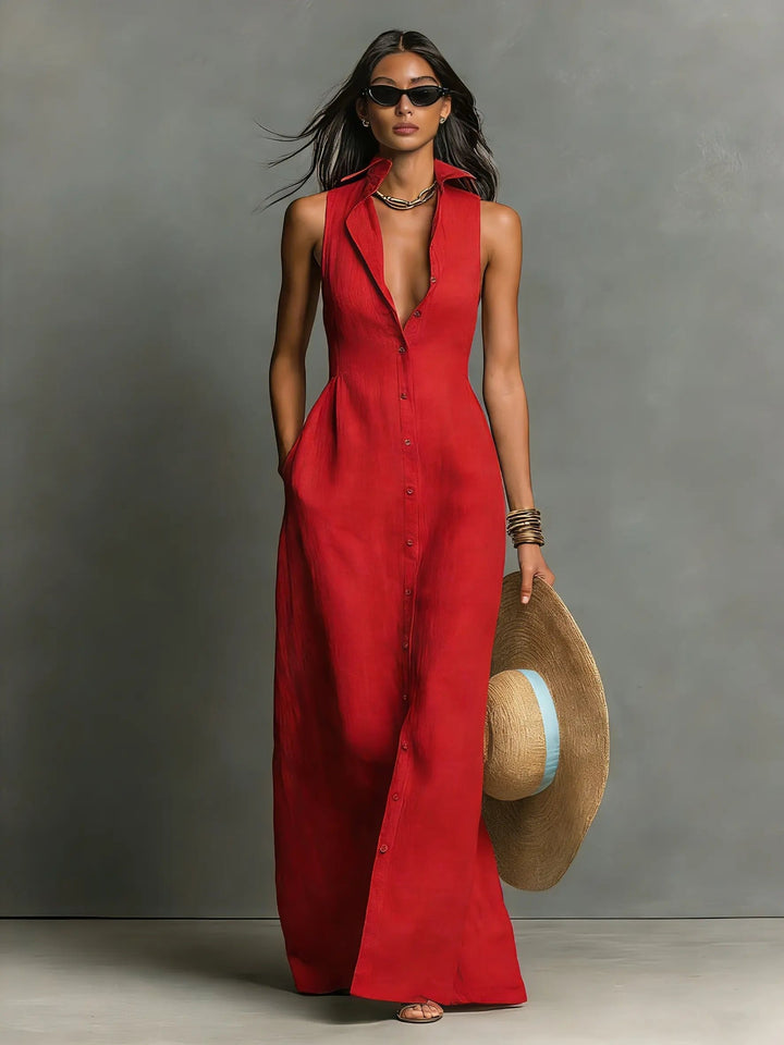 Sophisticated women's sleeveless button-down collared maxi dress, great for both casual & office.