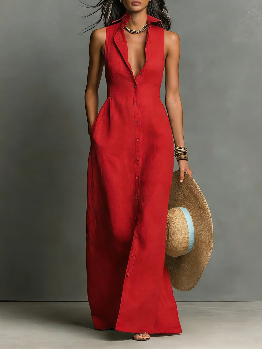Women's sleeveless button-front maxi shirt dress, perfect for versatile everyday and smart casual wear.