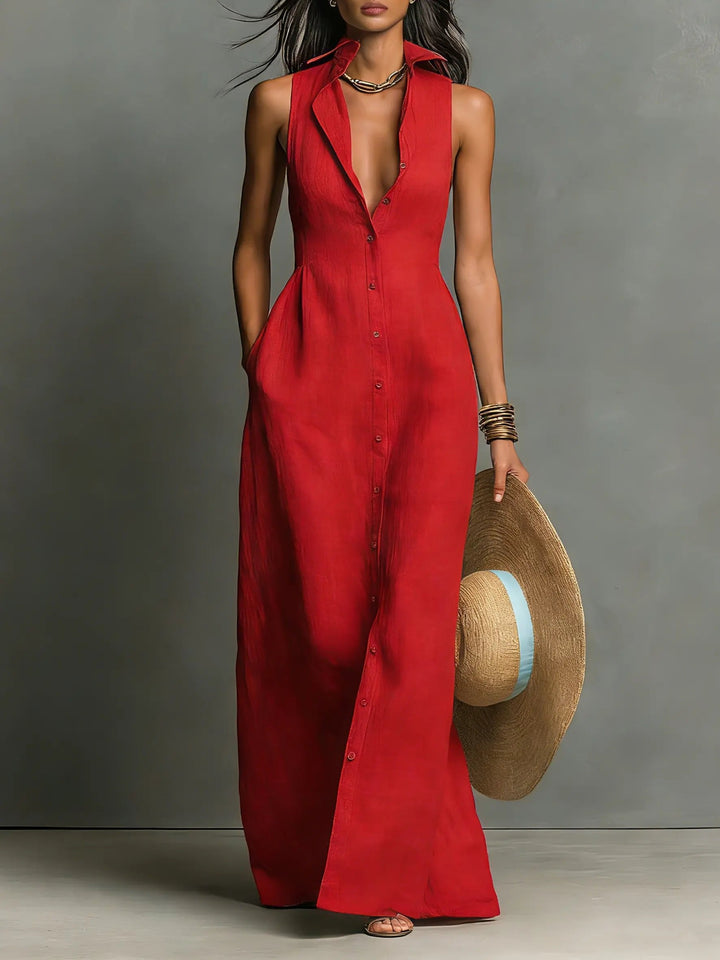Women's sleeveless button-front maxi shirt dress, perfect for versatile everyday and smart casual wear.