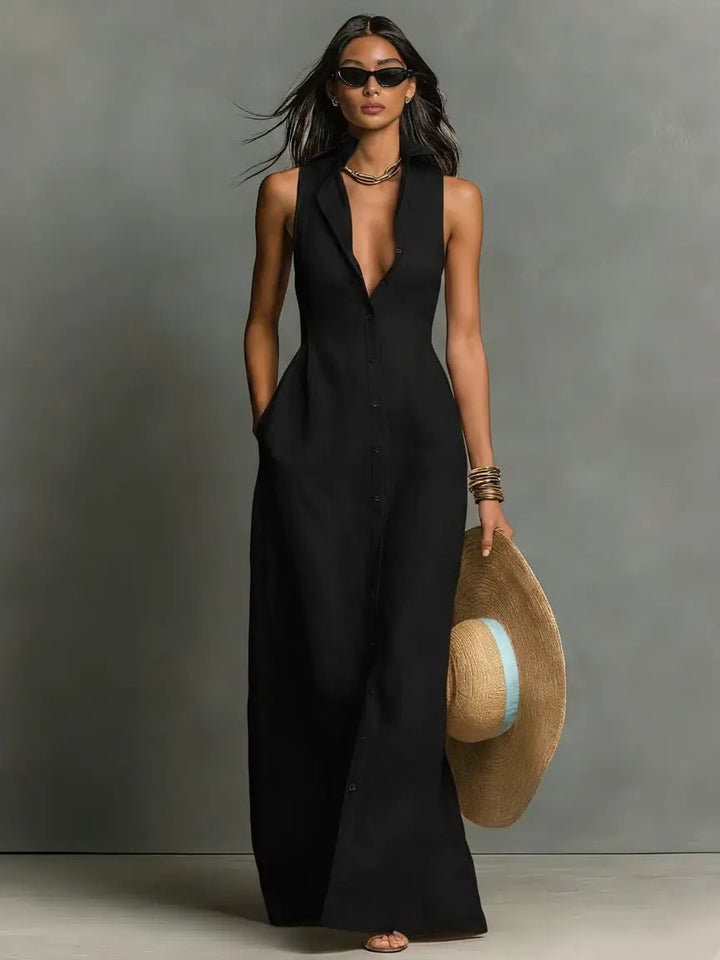 Versatile women's sleeveless maxi shirt dress, a chic button-front design for smart casual and office wear.