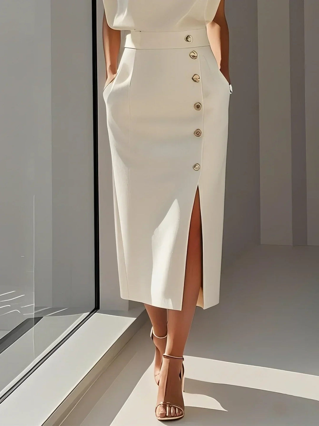 Day to night sleeveless midi dress with button-front. Elegant women's wear for office, events & cocktails.