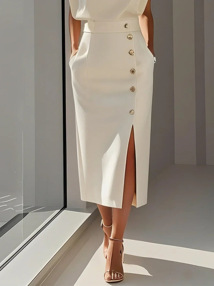 Day to night sleeveless midi dress with button-front. Elegant women's wear for office, events & cocktails.