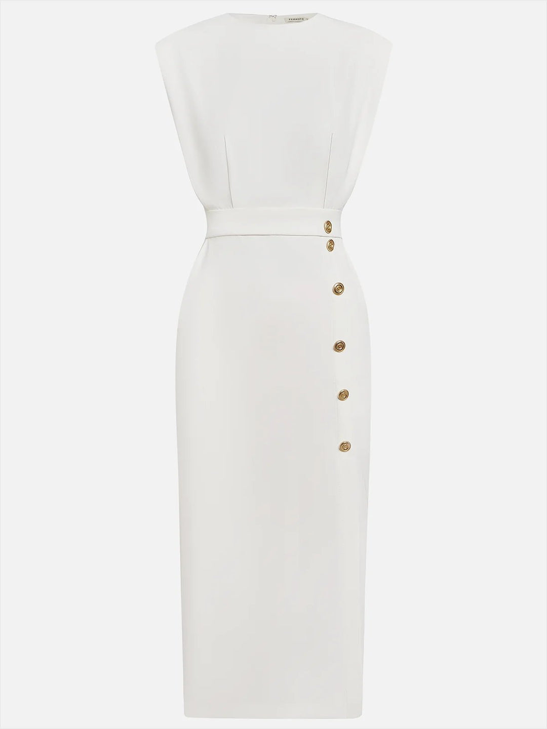 Women's sleeveless midi dress, button-front design. Elegant professional wear for various occasions.