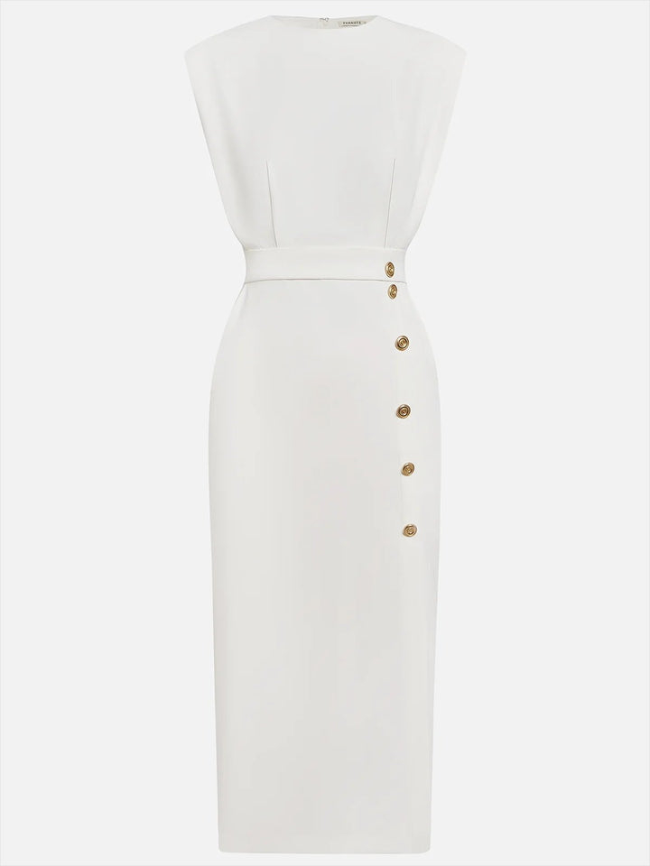 Women's sleeveless midi dress, button-front design. Elegant professional wear for various occasions.