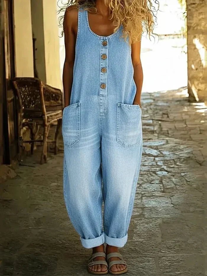 Women's sleeveless button front relaxed fit jumpsuit for casual spring/summer comfort.