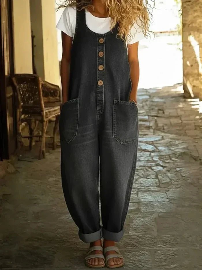 Vintage style women's sleeveless button front jumpsuit, a comfortable one-piece for spring & summer fashion.