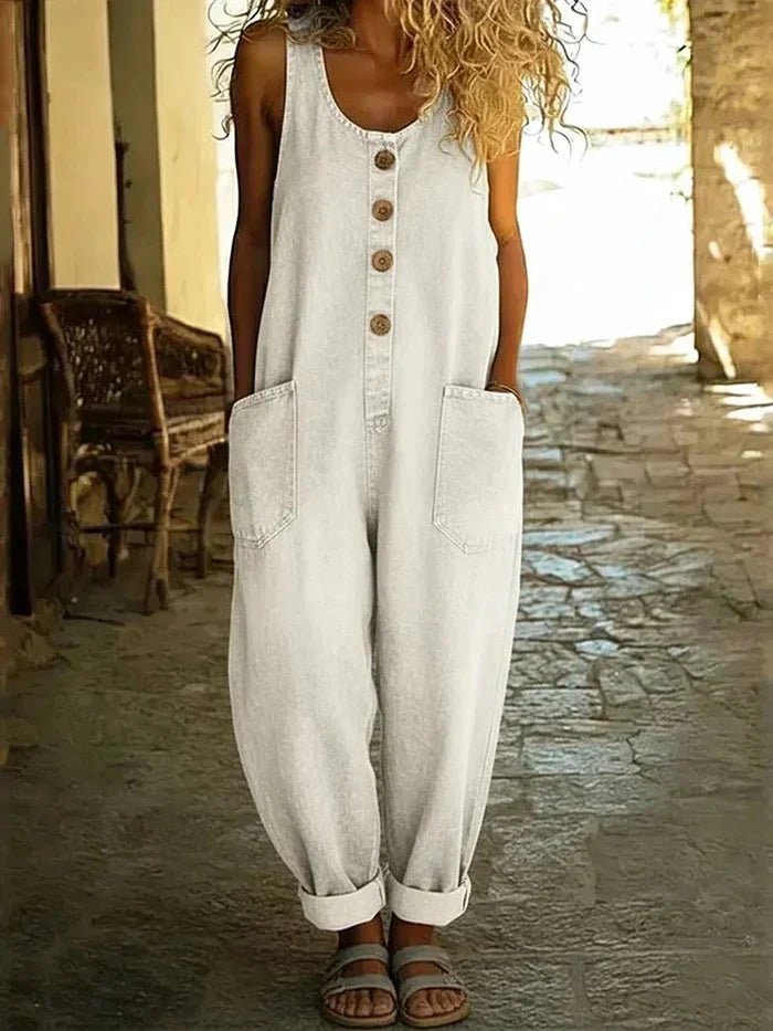Comfortable women's relaxed fit sleeveless jumpsuit with a chic button front, perfect for everyday style.