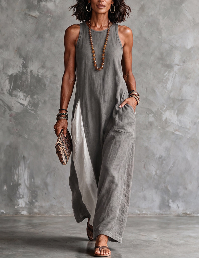 Women's sleeveless color block maxi dress with high neck & pockets, perfect for casual summer wear or travel.