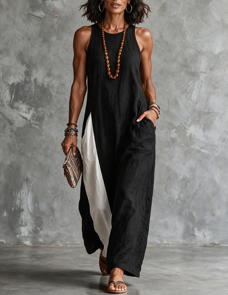 Flowy women's sleeveless color block maxi dress with a relaxed fit & high neck, ideal for summer casual.