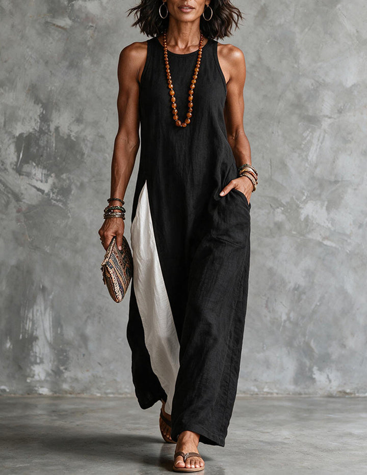Flowy women's sleeveless color block maxi dress with a relaxed fit & high neck, ideal for summer casual.
