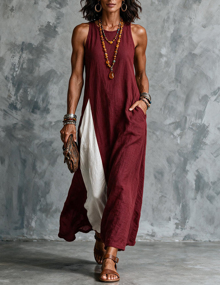 Casual women's sleeveless maxi dress, color block design with pockets & high neck, great for summer travel.