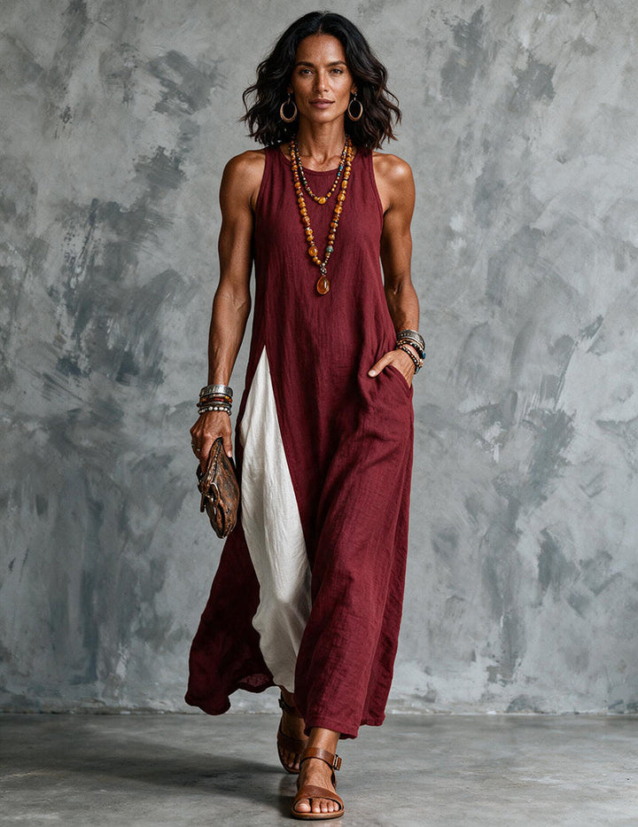 Elegant high-neck women's sleeveless color block maxi dress with functional pockets, a versatile summer dress.