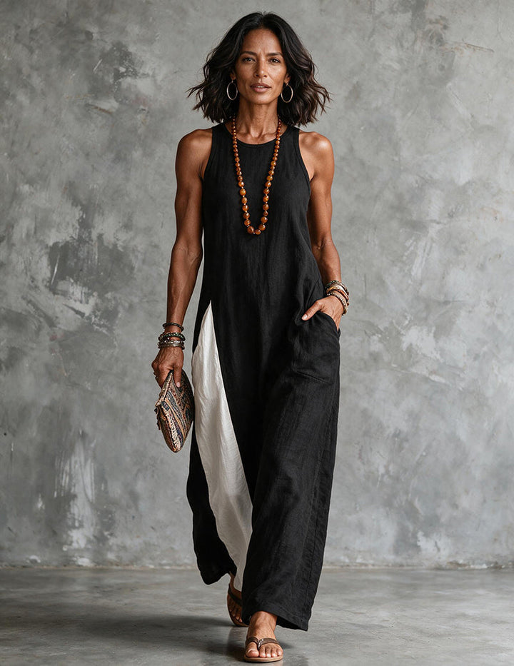 Relaxed fit women's sleeveless color block maxi dress, flowy and comfortable, a stylish summer & travel piece.