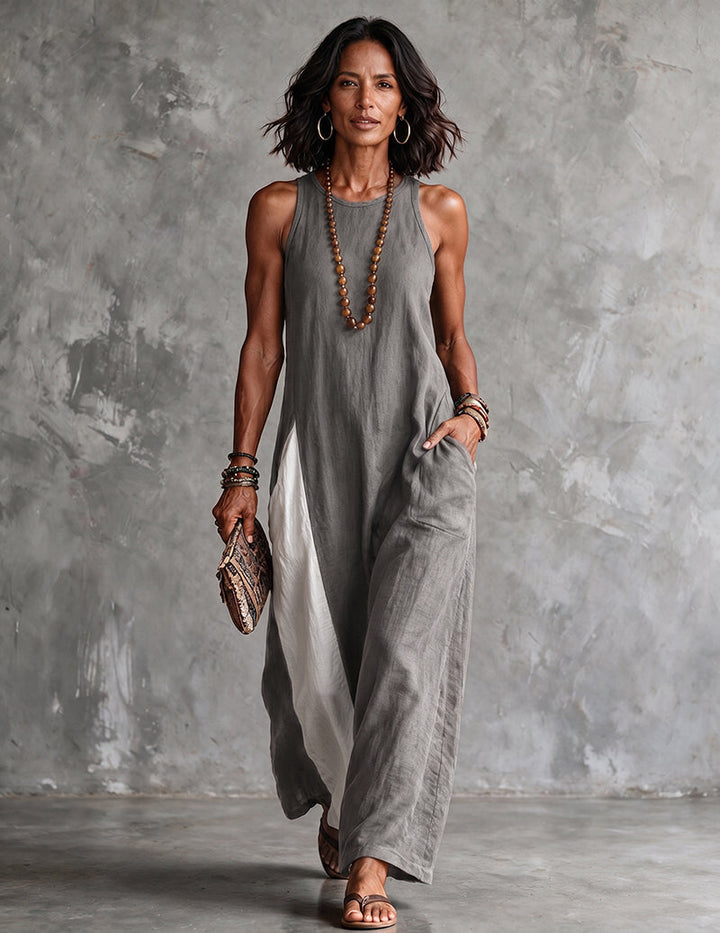 Chic color block sleeveless maxi dress for women, featuring a high neck & practical pockets, ideal casual wear.