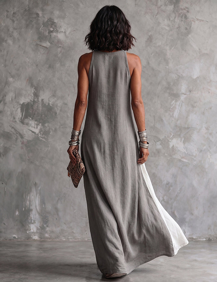 Summer-ready women's sleeveless color block maxi dress, flowy and casual with a high neck, perfect for any day.