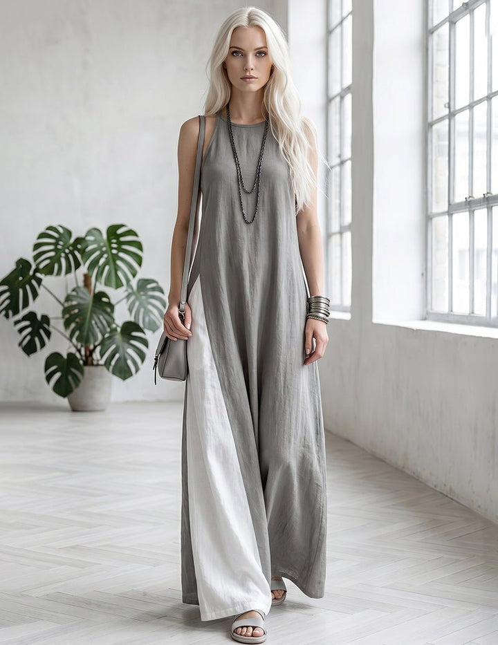 Versatile women's sleeveless color block maxi dress with pockets, high neck, great for casual, travel, or summer.