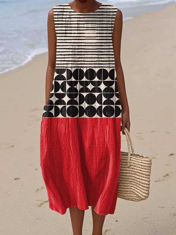 Women's sleeveless colorblock midi dress, elegant & versatile for summer. Flattering fit, modern design.