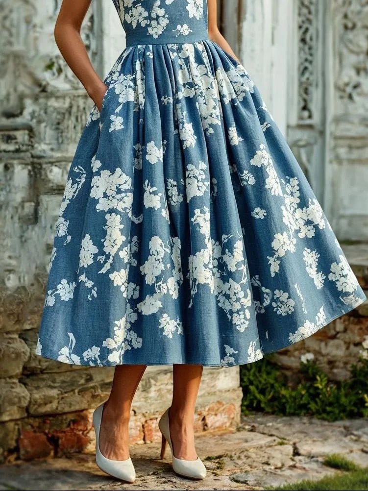 Lightweight women's sleeveless floral midi dress with a comfortable A-line fit for spring.