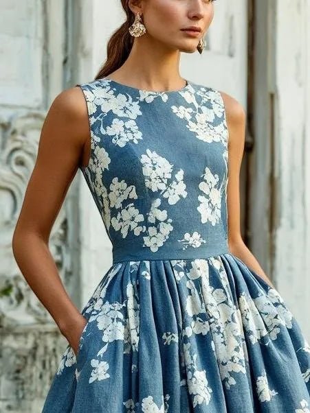 Versatile women's sleeveless floral print A-line midi dress for casual or elegant events.