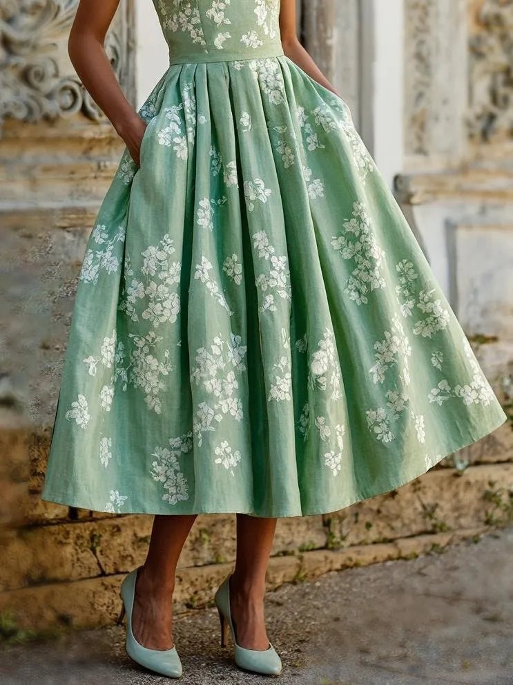 Summer women's sleeveless floral print A-line midi dress, light and breezy vacation wear.