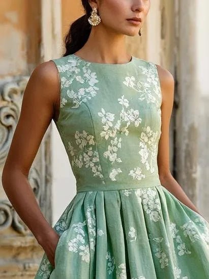 Detailed close-up of the vibrant floral print on a women's sleeveless A-line midi dress.