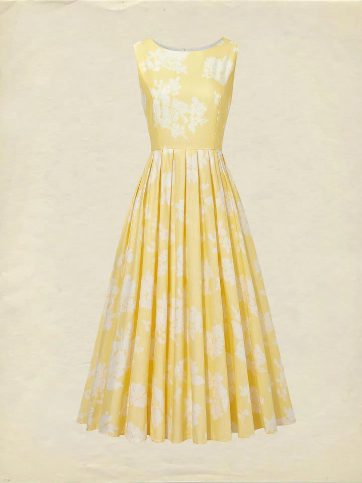 Woman wearing a beautiful sleeveless floral print A-line midi dress, full-body shot.