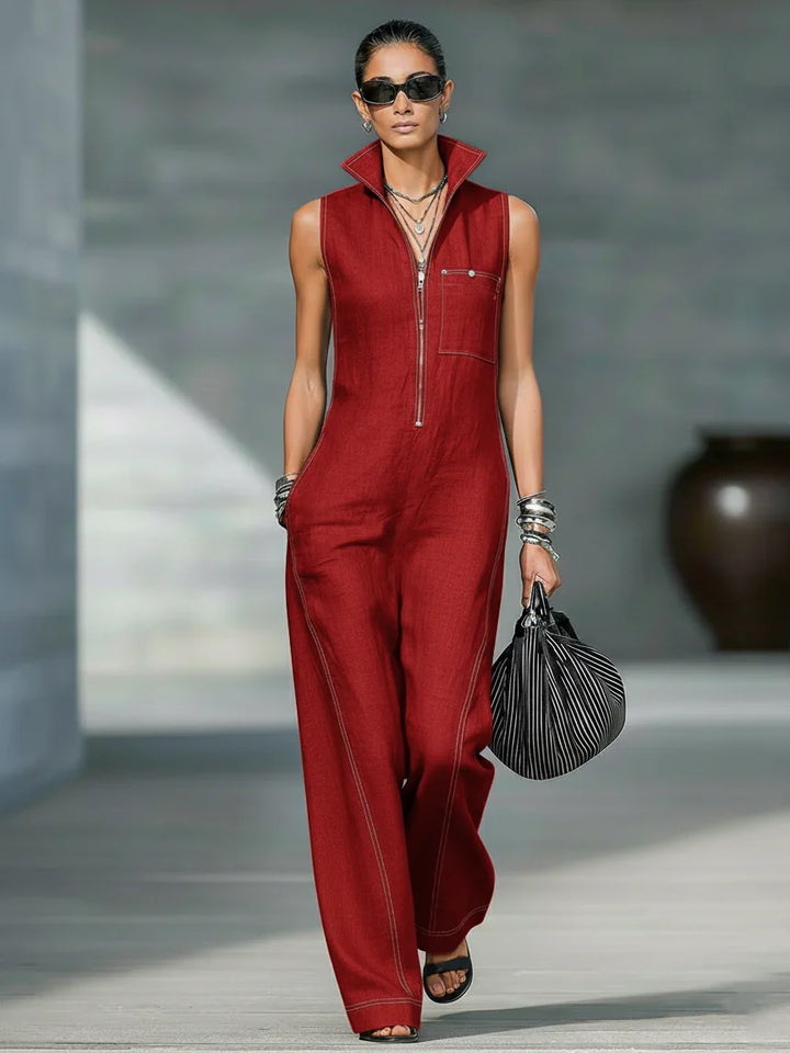 Women's sleeveless jumpsuit with chic white trim, perfect for casual elegant summer fashion. Relaxed fit, full length.
