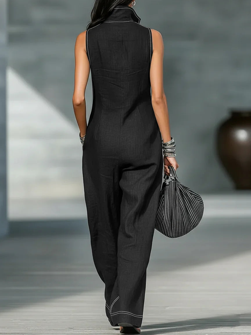 Stylish women's sleeveless jumpsuit, white trim detail. Versatile full-length design for daywear or travel, chic summer look.